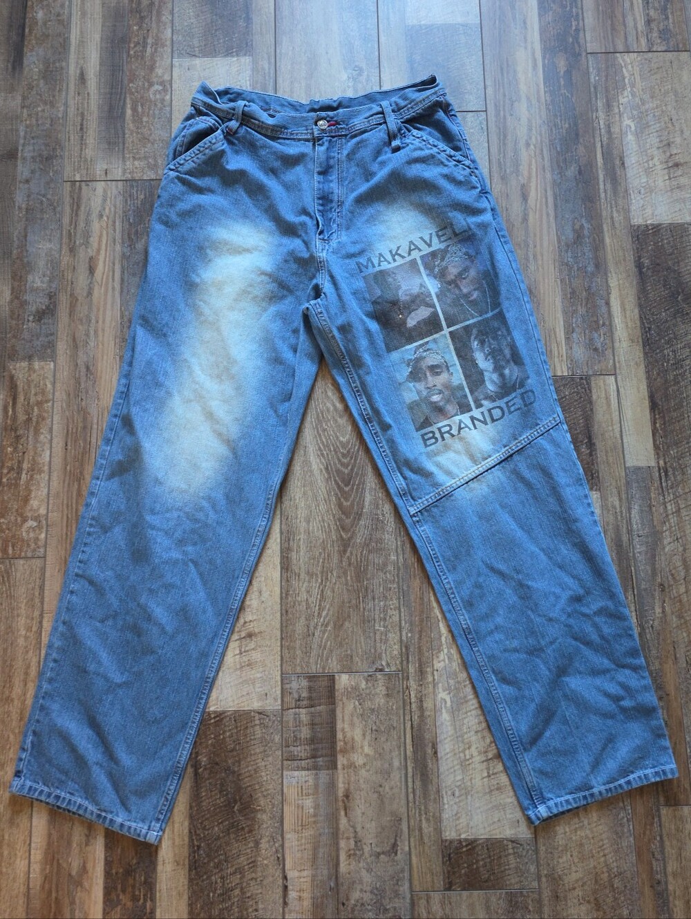 Makaveli Branded - 2000s Baggy Tupac Graphic Jeans - 36x34 - Medium Wash Blue